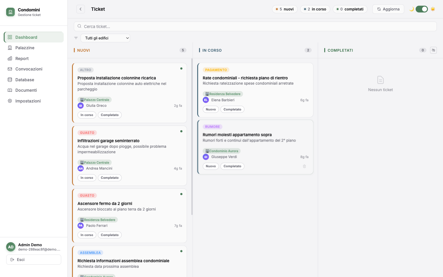 Dashboard Condomini con kanban dei ticket