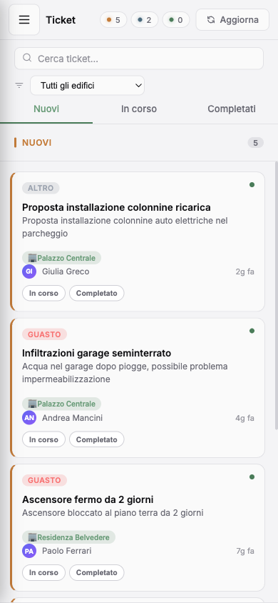 App mobile Condomini con lista ticket
